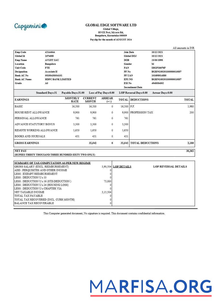 Downloadable Global Edge Software payslip example